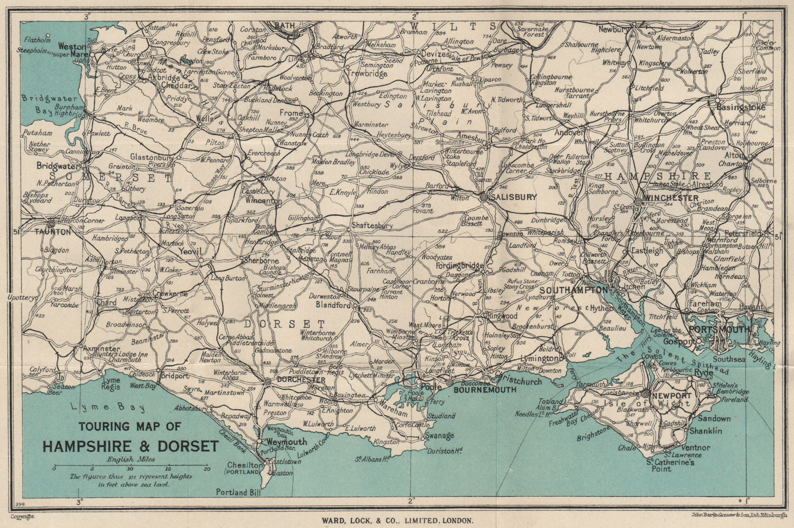 TOURING MAP OF HAMPSHIRE & DORSET. Wiltshire Somerset. WARD LOCK 1946 old